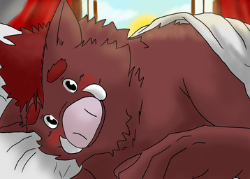 anthro bed bedding blanket blush detailed_background furniture humanoid_hands inside lying male slightly_chubby solo sun gabu4play password_(visual_novel) roswell_(password) mammal suid suine sus_(pig) wild_boar 2022 absurd_res hi_res