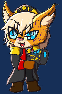 anthro blonde_hair chibi clothing coat commissar_hat eyebrows eyewear glasses hair holding_object holding_weapon inner_ear_fluff laser_gun male open_mouth plasma_pistol pointing_weapon raised_eyebrow ranged_weapon science_fiction solo text_on_weapon topwear trenchcoat tuft weapon amytheranda warhammer_(franchise) warhammer_40000 miwagi_rishir_(tailscribemitch) felid feline lynx mammal absurd_res alpha_channel cel_shading hi_res shaded