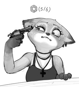4_fingers anthro bodily_fluids breasts choker cleavage clothed clothing cross crying curvy_figure cute_fangs defeated dress ear_piercing ear_ring ears_down fail fangs female fingers furrowed_eyebrows gameplay_mechanics gun gun_to_head gunpoint handgun imminent_death imminent_suicide jewelry morbid necklace no_bra piercing pivoted_ears point_blank pouting ranged_weapon revolver ring_piercing russian_roulette ryona scared tears teeth weapon wince okgaki liar's_bar mistakes_were_made foxy_(liar's_bar) canid canine fox mammal hi_res monochrome