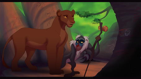 black_bars brown_body brown_fur detailed_background duo female female_feral feral fur grey_body grey_fur hair holding_object male male_feral orange_eyes paws staff standing white_hair kitchiki disney the_lion_king rafiki felid haplorhine lion mammal mandrill monkey old_world_monkey pantherine primate hi_res