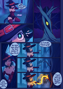 bell bell_collar blush bodily_fluids breasts choker clothing collar detailed_background dialogue female fishnet_clothing fishnet_legwear fog forest glowing glowing_tentacles hat headgear headwear jewelry legwear looking_at_viewer necklace night onomatopoeia plant solo sound_effects sweat sweatdrop tentacle_around_arm tentacles text thigh_highs tree witch_costume witch_hat giidenuts aiko_(giidenuts) animal_humanoid felid felid_humanoid humanoid mammal mammal_humanoid monster tentacle_creature absurd_res comic english_text hi_res