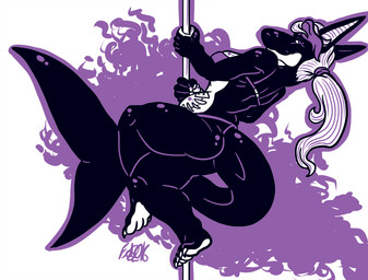 anthro bikini clothing dancing feet female hair looking_at_viewer pole pole_dancing smile solo swimwear tattoo two-piece_swimsuit eda aquatic fish shark restricted_palette