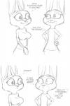 :3 anthro big_breasts breasts clothed clothing dialogue duo female freudian_slip hands_on_hips humor offscreen_character simple_background smile text white_background akiric disney zootopia fan_character judy_hopps juggy_topps lagomorph leporid mammal rabbit 2017 black_and_white comic english_text lol_comments monochrome