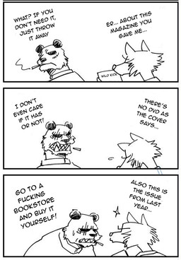 anthro bodily_fluids cigarette dialogue duo ellipsis fur profanity smoking sweat sweatdrop text ktandoku third-party_edit beastars gouhin_(beastars) legoshi_(beastars) bear canid canine canis giant_panda mammal wolf 2019 black_and_white comic english_text hard_translated monochrome translated