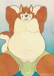 anthro armpit_hair belly big_belly body_hair bulge clothing genitals hands_behind_head male musclegut muscular muscular_anthro muscular_male overweight overweight_anthro overweight_male penis solo underwear clovishusky canid canine canis mammal wolf hi_res