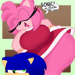 accessory anthro big_breasts blue_body blue_fur blue_hair breasts clothing curvy_figure dialogue dress duo eyelashes eyes_closed female fingers floating fur gloves green_eyes hair hands_on_hips handwear headband huge_breasts lips male multicolored_body multicolored_fur pink_body pink_fur pink_hair profanity short_hair simple_background smile tan_body tan_fur text thick_thighs tongue translucent translucent_body two_tone_body two_tone_fur voluptuous wide_hips 3barts sega sonic_the_hedgehog_(series) amy_rose sonic_the_hedgehog eulipotyphlan ghost hedgehog mammal spirit 1:1 2021 absurd_res digital_media_(artwork) english_text hi_res