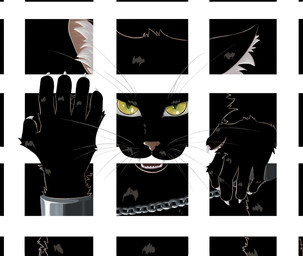 bdsm black_body black_fur bondage bound chain claws cuff_(restraint) fur inner_ear_fluff metal_cuffs orange_ears orange_nose orange_pawpads pawpads restraints shackled_wrists shackles solo teeth tuft whiskers white_body white_fur yellow_eyes yellow_sclera chuchochi domestic_cat felid feline felis mammal hi_res