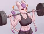 abs anthro breasts clothed clothing cooliehigh exercise female fur generation_5_pokemon half-closed_eyes hi_res mammal mienshao muscular muscular_anthro muscular_female mustelid narrowed_eyes nintendo pokemon pokemon_(species) red_eyes solo weights workout