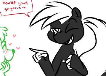 anthro blush claws dialogue duo gesture hand_gesture heart_symbol male nipples one_eye_closed open_mouth pointing simple_background speech_bubble text white_background wink inkyfrog disney zootopia anon anthro_anon fan_character hugh_muskroura mammal mephitid skunk 2016 english_text restricted_palette