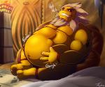 belly big_belly bodily_noises different_sound_effects facial_hair hand_on_belly male mane musclegut muscular muscular_humanoid muscular_male onomatopoeia rumbling_stomach solo sound_effects text vore yellow_body yellow_skin tanio nintendo the_legend_of_zelda darunia goron humanoid 2016 6:5