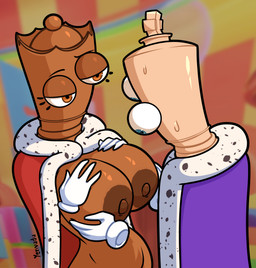 4_fingers abstract_background amber_eyes areola big_areola big_breasts blue_eyes bodily_fluids breast_play breasts brown_body brown_skin chess_piece clothing curvy_figure disembodied_hand duo eyelashes female fingers floating_hands glistening glistening_body glistening_breasts glistening_skin gloves hand_on_breast handwear holding_breast hourglass_figure huge_areola huge_breasts husband husband_and_wife king_(chess) light_body light_skin male male/female mantle married_couple mostly_nude mostly_nude_female mostly_nude_humanoid nipples not_furry purple_clothing purple_robe queen_(chess) red_clothing red_robe robe robe_only small_waist sweat sweatdrop text voluptuous voluptuous_female voluptuous_humanoid white_clothing white_gloves white_handwear wide_hipped_female wide_hipped_humanoid wide_hips wife yenvudu glitch_productions the_amazing_digital_circus kinger_(tadc) queenie_(tadc) animate_inanimate humanoid living_chess_piece 2026 absurd_res artist_name digital_drawing_(artwork) digital_media_(artwork) hi_res watermark