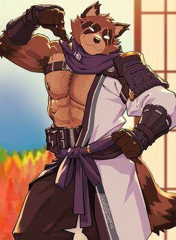 5_fingers abs anthro areola armor armpit_hair asian_clothing belt biceps biped black_clothing blurred_background body_hair brown_areola brown_body brown_fur brown_nipples brown_nose brown_tail cheek_tuft claws closed_smile clothed clothed_anthro clothed_male clothing east_asian_clothing empty_eyes eye_scar facial_markings facial_scar facial_tuft finger_claws fingers flexing flexing_bicep fur hand_on_hip head_markings looking_at_viewer male male_anthro markings mask_(marking) mouth_closed muscular muscular_anthro muscular_male nipples pauldron pecs pointy_ears prick_ears purple_scarf ring_(marking) ringed_tail scar scarf smile smiling_at_viewer solo standing striped_markings striped_tail stripes tail tail_markings text tuft utility_belt vein veiny_muscles white_clothing white_eyes bonfiredemon epic_games fortnite hajime_(fortnite) canid canine mammal raccoon_dog tanuki 2026 artist_name digital_media_(artwork) hi_res