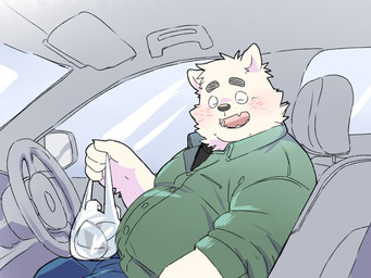 anthro blush car clothing detailed_background eyes_closed green_clothing green_shirt green_topwear inside_car inside_vehicle kemono male open_mouth overweight overweight_male right-hand_drive shirt sitting solo steering_wheel topwear vehicle inunoshippo canid canine canis domestic_dog mammal 2025 4:3 hi_res japanese_description