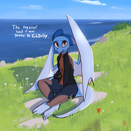 anthro barefoot blue_body clothed clothing cloud day detailed_background dialogue feet female fully_clothed grass jacket light looking_at_viewer open_mouth outside plant sea sitting sky solo tail talking_to_viewer text topwear water enginetrap european_mythology mythology syl_(enginetrap) dragon mythological_creature mythological_scalie scalie western_dragon 2021 absurd_res digital_media_(artwork) english_text hi_res lighting shaded signature