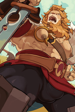abs anthro areola armpit_hair balls_outline biped black_spandex blonde_hair body_hair boots bottomwear braided_hair brown_eyes bulge claws clothed clothing detailed_bulge finger_claws footwear genital_outline gloves hair handwear holding_melee_weapon holding_object holding_sword holding_weapon loincloth low-angle_view male male_anthro mane melee_weapon muscular muscular_anthro muscular_male nipples open_mouth pecs penis_outline pointy_nipples red_bottomwear red_clothing red_loincloth shoes solo spandex_pants spread_legs spreading sword tuft weapon keidoro_kemono afk_arena lilith_games brutus_(afk_arena) felid lion mammal pantherine hi_res