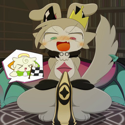 anthro black_horn blush bodily_fluids clothing crown cute_fangs embarrassed erection erection_under_clothing fangs fur grey_body grey_fur halo headgear heterochromia horn male open_mouth solo spread_legs spreading summoning_circle sweat tail teeth tenting wings brk devil_connection makemon devilun_(makemon) kupyadel_(makemon) angel demon animated hi_res short_playtime video