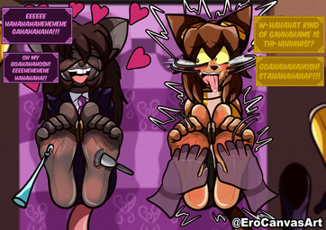 anthro arms_tied bdsm bed bent_over blush bodily_fluids bondage bottomwear bound brown_body brown_fur brown_hair brush brushing brushing_feet clothing crying_laughing curling_toes dialogue dialogue_box duo eyes_closed eyewear eyewear_on_head feet female foot_fetish foot_focus footwear_removed front_view fur furniture gag glasses goggles goggles_on_head gold_(metal) hair heart_symbol humanoid_feet immobilization laugh legs_tied mouse_tail pillow pink_bed_sheet pink_pillow pink_tail plantigrade purple_clothing purple_suit saliva soles squirming suit tail tan_body tears tickle_fetish tickle_torture tickling tickling_feet tied_to_bed toe_restraints toes toes_tied tongue tongue_out yellow_clothing yellow_eyewear yellow_goggles cabimangaka erocanvasart gameoverse glitch_productions kit_bodega tessa_(caroo) domestic_cat felid feline felis mammal mouse murid murine rodent absurd_res hi_res