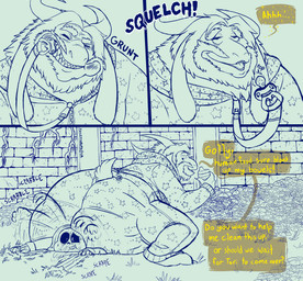 ageplay beard bone claws clothing dialogue diaper diaper_under_clothing duo facial_hair feces flower grunting horn infantilism long_ears male onesie pacifier plant relieved roleplay scatplay sitting skeleton soiled_diaper soiling text unclean_diaper used_diaper vines toilet_(artist) undertale undertale_(series) asgore_dreemurr sans_(undertale) animated_skeleton boss_monster_(undertale) bovid caprine mammal undead absurd_res comic english_text hi_res