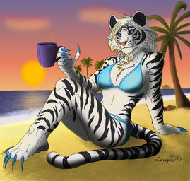 anthro beach beverage claws clothing coconut coffee drupe_(fruit) female food fruit fur palm_tree plant sea shadow solo sun swimwear tail tree water dragon171 felid mammal pantherine tiger absurd_res hi_res