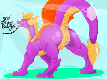 anus bodily_fluids butt dialogue dripping dripping_vulva feral genital_fluids genitals glistening glistening_butt hair intersex looking_at_viewer male male/male maleherm orange_hair precum precum_drip presenting presenting_anus presenting_hindquarters presenting_vulva purple_body purple_eyes simple_background simple_coloring smile smiling_at_viewer solo speech_box speech_bubble teeth_showing tongue vulva wings unknown_(artist) activision mythology spyro_a_realm_beyond spyro_the_dragon spyro dragon mythological_creature mythological_scalie scalie hi_res