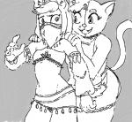 2_tails anthro belly_dancer bottomwear clothing duo female grey_background hair midriff multi_tail simple_background skirt smile tail unsure young lag smekbo latchkey_kingdom janus_tangarian willa_dragonfly felid mammal yuman monochrome