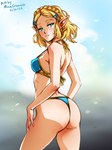 bikini blonde_hair blue_bikini blue_clothing blue_swimwear breasts butt clothing ear_piercing exposure_variation eyebrows eyelashes female hair humanoid_pointy_ears light_body light_skin looking_at_viewer looking_back looking_back_at_viewer not_furry piercing pointy_ears short_hair side_view solo swimwear two-piece_swimsuit minacream breath_of_the_wild nintendo the_legend_of_zelda princess_zelda humanoid hylian 2022 dated