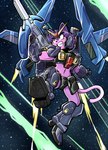 action_pose anthro armor boots clenched_teeth clothed clothing crop_top female footwear fur gloves hair handwear holding_object holding_weapon mecha_musume midriff navel pink_body pink_fur pose purple_hair ranged_weapon red_eyes shirt shoes short_hair solo space spacescape teeth topwear weapon anaugi gundam mobile_suit_zeta_gundam penny_(anaugi) domestic_cat felid feline felis mammal 2019 absurd_res hi_res