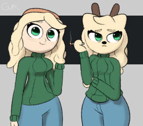 accessory alternate_species anthro antlers blonde_hair bottomwear breasts cigarette clothing denim denim_bottomwear denim_clothing duo eyelashes female furrification green_eyes hair hair_accessory hairband happy horn jeans looking_at_viewer looking_away pants playing_with_hair sad simple_background smile smoking sweater text topwear wavy_hair wide_hips guak jessie_miller_(guak) deer human mammal hi_res