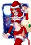 blue_eyes christmas_clothing christmas_headwear christmas_outfit clothed clothing costume female hair hat headgear headwear holidays kemono looking_at_viewer red_hair santa_costume santa_hat short_hair skimpy snow solo beastsurvivor christmas felid mammal pantherine tiger