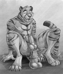 abdominal_bulge animal_dildo animal_genitalia animal_sex_toy anthro athletic athletic_anthro athletic_male balls cheek_tuft digitigrade dildo dildo_sitting ear_piercing ear_ring equine_dildo erection eyes_closed facial_markings facial_tuft fangs front_view fur genitals head_markings humanoid_genitalia humanoid_penis hybrid_genitalia hybrid_penis male male_anthro markings nude open_mouth open_smile penetration penis piercing ring_piercing sex_toy sheath sheathed_humanoid_penis simple_background smile solo spread_legs spreading striped_arms striped_body striped_face striped_fur striped_legs striped_markings striped_tail stripes tail tail_markings teeth tuft whiskers hufnaar strip2stripes felid mammal pantherine tiger 2022 absurd_res dated hi_res monochrome