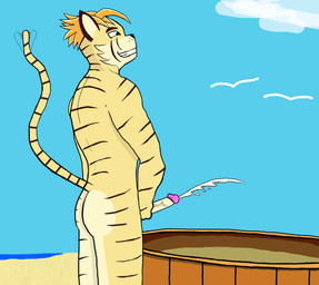 anthro beach bodily_fluids butt cum cum_in_food cumshot ejaculation food foreskin genital_fluids genitals grin male masturbation orgasm penis public public_masturbation public_nudity retracted_foreskin simple_background smile solo striped_body stripes tail tail_motion tailwag vein veiny_penis ronja_(artist) stardew_valley sam_(stardew_valley) felid mammal pantherine tiger absurd_res hi_res