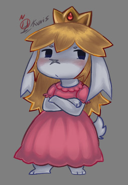 alternative_fashion anthro barefoot black_eyes blonde_hair blush circle_eyebrows clothing cosplay crossed_arms crown dress embarrassed eyebrows feet female floppy_ears fur gem gold_(metal) gold_tiara grey_background hair headgear hime_lolita j-fashion lolita_(fashion) long_hair looking_away mouth_closed pink_clothing pink_dress scar scut_tail short_tail simple_background solo tail tiara white_body white_fur x_scar i_kurisn cave_story mario_bros nintendo princess_peach sue_sakamoto lagomorph mammal mimiga 2025 full-length_portrait portrait signature