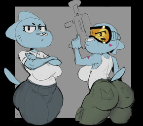 4_fingers angry anthro arms_bent bare_shoulders big_breasts big_butt big_eyes biped black_border black_eyebrows black_eyes black_markings blue_body blue_ears blue_fur blue_tail border bottomwear breasts bubble_butt butt closed_frown clothed clothed_anthro clothed_female clothing collared_shirt crossed_arms eyebrows eyelashes eyewear facial_markings female fingers frown fully_clothed fully_clothed_anthro fully_clothed_female fur goggles green_bottomwear green_clothing green_pants grey_background grey_bottomwear grey_clothing grey_skirt gun head_markings head_turned holding_gun holding_object holding_ranged_weapon holding_weapon humanoid_hands iris legs_together light_body light_fur looking_at_viewer looking_back looking_back_at_viewer markings mature_anthro mature_female monotone_background monotone_tail mouth_closed multiple_outfits multiple_poses muzzle_(marking) outside_border pants pockets pointy_ears pose prick_ears pupils ranged_weapon shirt short_sleeves simple_background skirt snout solo standing tail tank_top thick_thighs three-quarter_view topwear weapon whisker_markings white_clothing white_markings white_nose white_pupils white_sclera white_shirt white_tank_top white_topwear estebon89 cartoon_network the_amazing_world_of_gumball nicole_watterson domestic_cat felid feline felis mammal 2025 colored_sketch digital_drawing_(artwork) digital_media_(artwork) sketch