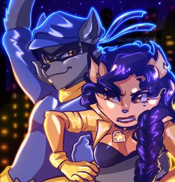annoyed anthro braided_hair braided_ponytail breast_squish breasts brown_eyes canon_couple city cityscape cleavage clothed clothing collar duo facial_markings female glistening glistening_body grimace hair head_markings male male/female markings mask_(marking) mole_(marking) natural_breasts night ponytail smile smirk squish star gummierat sly_cooper_(series) sony_corporation sony_interactive_entertainment sucker_punch_productions carmelita_fox sly_cooper canid canine fox mammal procyonid raccoon hi_res