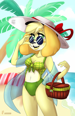 anthro beach bikini clothing eyewear female looking_at_viewer seaside solo sun sunglasses swimwear two-piece_swimsuit zombikiss animal_crossing nintendo isabelle_(animal_crossing) canid canine canis domestic_dog mammal hi_res
