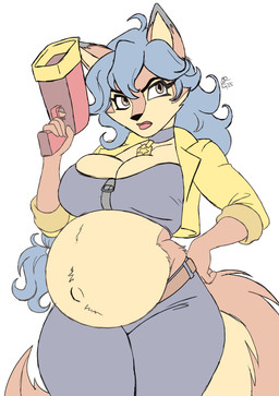anthro belly big_belly big_breasts blue_hair bottomwear breasts brown_eyes clothing collar cropped_jacket female fingers front_view frown fur grey_bottomwear grey_clothing grey_jacket grey_pants grey_topwear gun hair hand_on_hip holding_gun holding_object holding_ranged_weapon holding_weapon humanoid_hands jacket long_hair looking_aside low-angle_view midriff navel outie_navel pants pregnant pregnant_anthro pregnant_female ranged_weapon simple_background solo tail tan_body tan_fur topwear weapon white_background arrowdark sly_cooper_(series) sony_corporation sony_interactive_entertainment sucker_punch_productions carmelita_fox canid canine fox mammal 2025 absurd_res colored hi_res portrait three-quarter_portrait