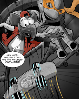 3_fingers 3_toes 4_fingers anthro backwards_hat black_eyes black_fingernails black_freckles black_nails buckteeth button_(fastener) clothed clothed_anthro clothed_male clothing coat colored_nails dialogue duo feet fingernails fingers freckled_face freckles fur grey_body grey_eyes grey_fur grey_shell hat headgear headwear larger_anthro larger_male lidded_eyes light looking_at_another male midair motion_lines nails open_clothing open_coat open_mouth open_smile open_topwear orange_mask red_clothing red_coat red_hat red_headwear red_topwear shell shirt size_difference skateboard skateboarding smaller_anthro smaller_male smile smiling_at_another speech_bubble talking_to_another teeth text toes topwear vehicle whiskers white_clothing white_eyelids white_shirt white_topwear yelling yelling_at_another daniel_middleton muppets teenage_mutant_ninja_turtles michelangelo_(tmnt) rizzo_the_rat mammal muppet murid murine rat reptile rodent scalie turtle 2026 4:5 absurd_res colored crossover digital_drawing_(artwork) digital_media_(artwork) english_description english_text hi_res lighting shaded