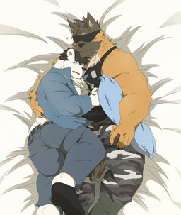 5_fingers anthro belt big_muscles black_claws black_hair black_nose boots bottomwear brown_body brown_fur brown_hair butt claws clothed clothing cuddling dog_tags duo eyes_closed eyewear fingers footwear fur hair humanoid_hands male male/male muscular muscular_anthro muscular_male open_clothing open_shirt open_topwear pants shirt shoes sleeping sunglasses tank_top topwear white_body white_fur kikuro charlie_o'conner rock_(kikuro) bear canid canine canis domestic_dog german_shepherd herding_dog mammal pastoral_dog polar_bear ursine 2015