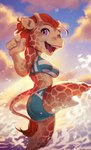 anthro bathing bikini butt butt_pose chibi clothing ear_piercing ear_ring female happy piercing pose ring_piercing solo splash sun swimwear two-piece_swimsuit water nordeva legend_of_ahya marle_talbender_(darkflamewolf) giraffe giraffid mammal absurd_res hi_res