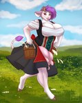 anthro big_breasts breasts breasts_and_udders brown_eyes bucket clothed clothing container female hair holding_bucket holding_container holding_object looking_at_viewer milk open_mouth open_smile outside pink_nose purple_hair smile solo tail tail_tuft teats tuft udders walking white_body tiggybloom bovid bovine cattle mammal 2019 hi_res