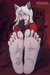 5_fingers 5_toes barefoot black_claws claws clothing feet female fingers foot_fetish foot_focus gloves hair handwear humanoid_feet plantigrade soles solo toe_claws toes white_hair shazzul_(artist) helltaker cerberus_(helltaker) animal_humanoid humanoid absurd_res hi_res