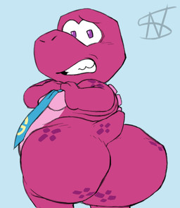 accessory anthro big_butt blue_background butt male moobs necktie pink_body simple_background slightly_chubby solo standing nightsome gameoverse glitch_productions gobbles_(gameoverse) dinosaur prehistoric_species reptile scalie 2026 hi_res