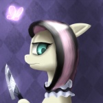 alternative_fashion blue_eyes cosplay female floppy_ears fur goth hair knife looking_at_viewer multicolored_hair side_view simple_background solo two_tone_hair yellow_body yellow_fur lyralicious american_mcgee's_alice friendship_is_magic hasbro my_little_pony alice_liddell fluttershy_(mlp) arthropod butterfly equid equine horse insect lepidopteran mammal pony 1:1