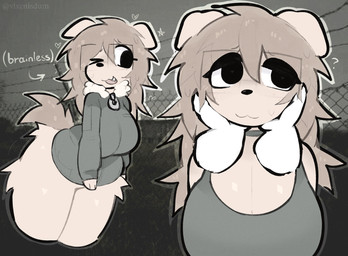 anthro anthro_focus bangs big_breasts black_eyes black_nose blonde_hair bodily_fluids bottomless breasts cleavage clothed clothing cute_fangs disembodied_hand duo eyelashes eyewear fangs female female_focus floppy_ears fur glasses green_clothing green_jacket green_shirt green_topwear hair hand_on_face heart_symbol holding_face jacket leg_tuft long_hair looking_away multiple_poses nervous nervous_sweat one_eye_closed open_mouth photo_background pose question_mark shirt solo_focus sweat tail tan_body tan_fur teeth text thick_thighs thigh_tuft topwear tuft wearing_glasses vixenisdum canid canine canis domestic_dog mammal colored_sketch digital_media_(artwork) english_text hi_res mixed_media photography_(artwork) sketch