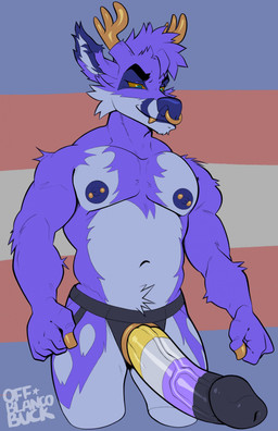 andromorph anthro antlers blue_body blue_fur body_hair chest_hair countershading facial_piercing fur horn intersex lgbt_pride muscular muscular_andromorph muscular_anthro muscular_intersex navel nipple_piercing nipples nonbinary_pride_colors nose_piercing nose_ring piercing pride_color_dildo pride_colors ring_piercing solo strapon transgender_pride_colors guccigarf mammal moschid musk_deer hi_res nonbinary_(lore)