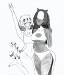 anthro big_breasts bodily_fluids breasts clothing collarbone covered_eyes duo female fur gesture hand_gesture multicolored_body multicolored_fur sweat swimwear tail tail_motion tailwag two_tone_body two_tone_fur v_sign efradraws civet mammal mephitid skunk viverrid absurd_res graphite_(artwork) hi_res monochrome sketch traditional_media_(artwork)