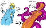 abs apode between_breasts blonde_hair blue_body breasts digestion female fully_inside glistening glistening_body hair legless muscular muscular_female navel nipples nude purple_body serpentine snake_hood text vore weapon serth cobra draconcopode elf humanoid naga reptile scalie snake english_text hi_res