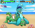 accessory antennae_(anatomy) anthro arms_tied bdsm beach black_body black_fur black_inner_ear black_sclera black_stripes blue_eyes bondage bouncing_breasts bound breasts combo_meter cunnilingus cute_fangs dominant dominant_anthro dominant_male duo erection facesitting fangs female female_on_top fist fur gameplay_mechanics genitals green_body green_fur grey_headband gui half-closed_eyes hands_behind_back headband health_bar hip_grab humanoid_genitalia humanoid_penis jewelry male male_on_bottom markings medium_breasts narrowed_eyes necklace nipples non-mammal_breasts obscured_eyes on_bottom on_ground on_sand on_top open_mouth oral outside penis pussy restraints rope rope_bondage sea sex sitting_on_another striped_body striped_fur striped_markings striped_tail stripes submissive submissive_anthro submissive_female tail tail_markings teal_antennae teal_body teal_nipples teal_pussy teal_skin teeth text throbbing throbbing_penis vaginal water white_penis felino raspberry_(felino) aquatic_gastropod felid gastropod mammal marine mollusk pantherine sea_slug slug tiger 2025 absurd_res english_text hi_res