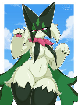3_fingers anthro breast_curtains breasts female fingers flower_(anatomy) fur green_body green_fur mask navel pawpads paws pink_eyes pink_nose pokemorph smile solo thick_thighs meircmei nintendo pokemon generation_9_pokemon meowscarada pokemon_(species) 2026 absurd_res hi_res