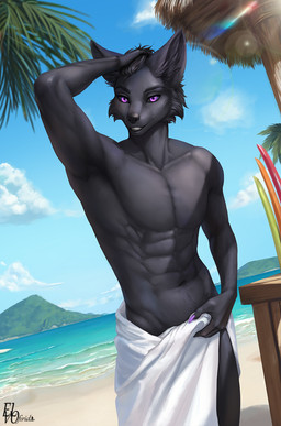 abs anthro biped claws cloud day fingers front_view fur hair looking_at_viewer male navel nude nude_anthro nude_male outside sea sky smile solo standing tail teeth water elvofirida canid canine canis mammal wolf 2026 digital_drawing_(artwork) digital_media_(artwork) hi_res
